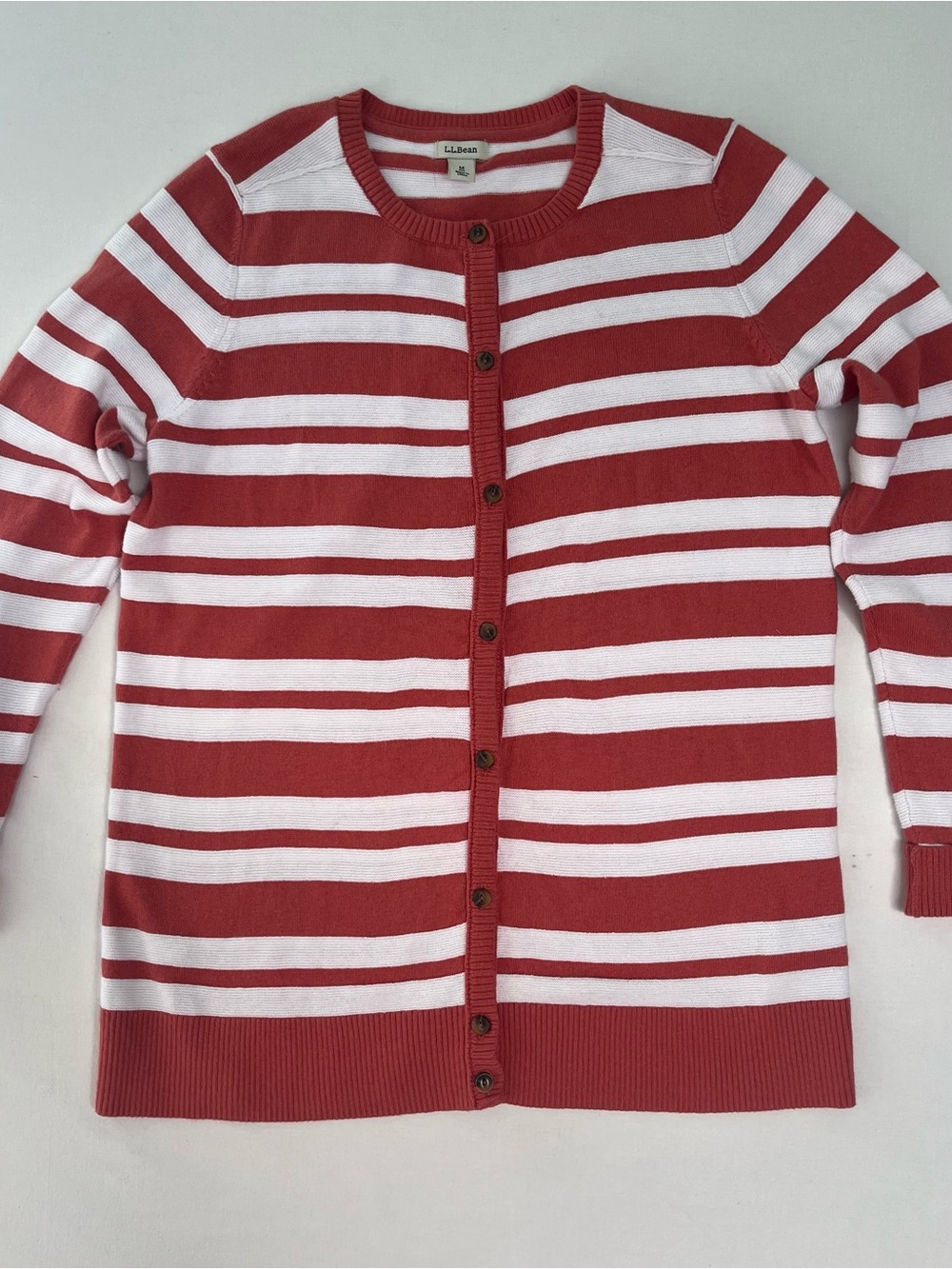 LL Bean Women Cotton Cashmere Blend Cardigan Sweater Coral White Stripe Size M